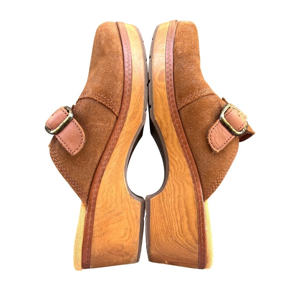 Clarks Collection Paizlee Nora Mules Clogs Size 10 Tan Wood Shoes Boho Suede - Picture 6 of 11
